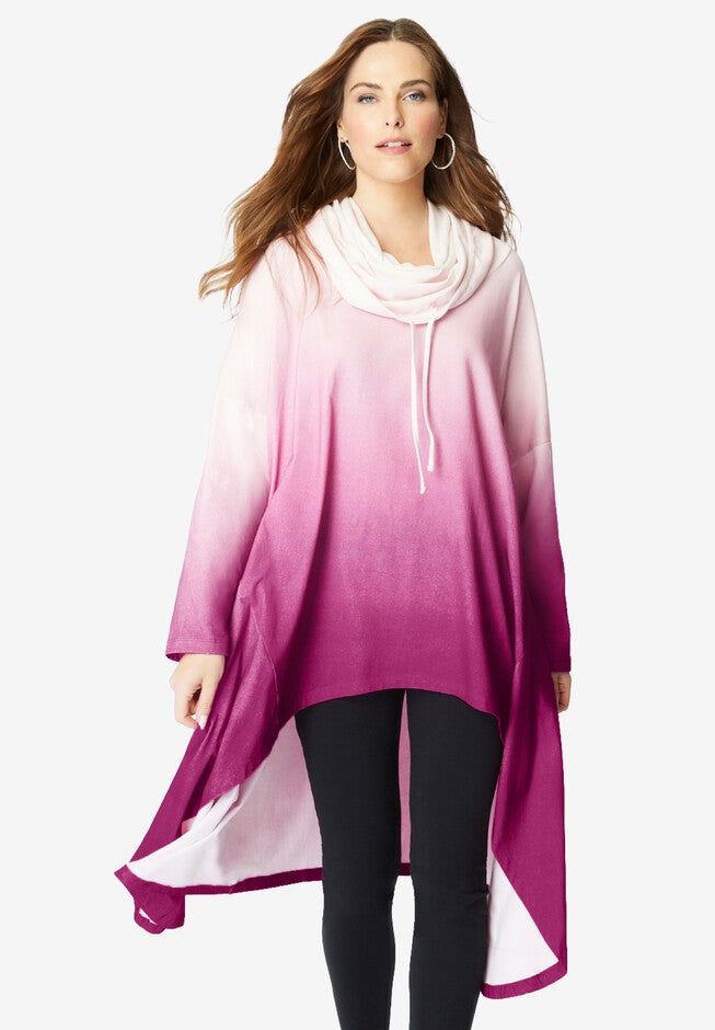 Drawstring Cowl-Neck Ultra Femme Tunic, RASPBERRY DIP DYE, hi-res image number 0