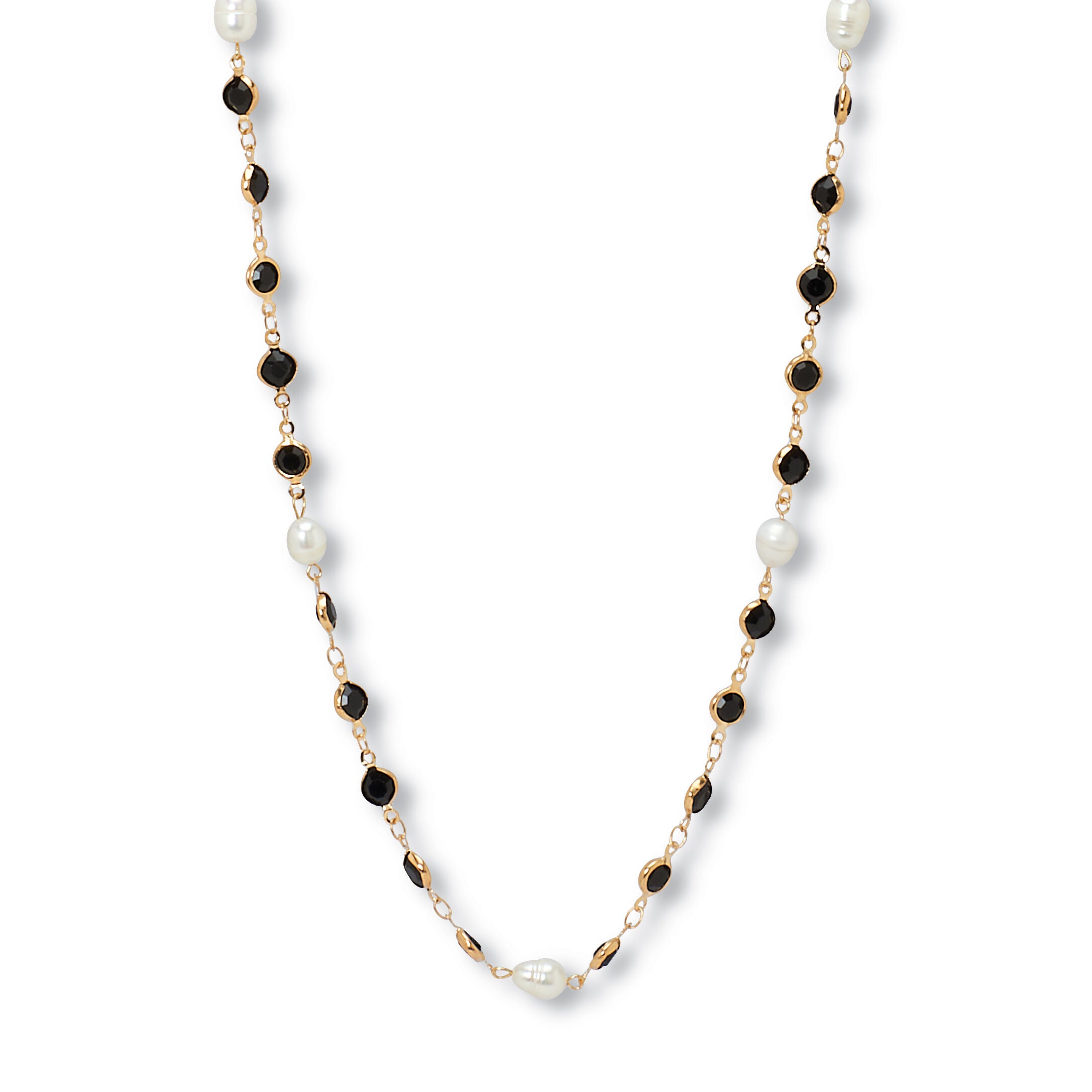 Black Crystal and Pearl Gold Ion-Plated Stainless Steel Long Necklace, 40 Inches, BLACK, hi-res image number 0
