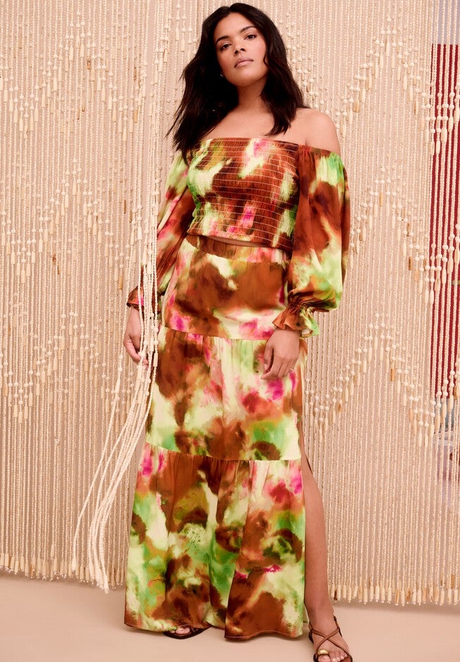 Off-The-Shoulder Smocked Cropped Top, WATERCOLOR TIE DYE, hi-res image number null