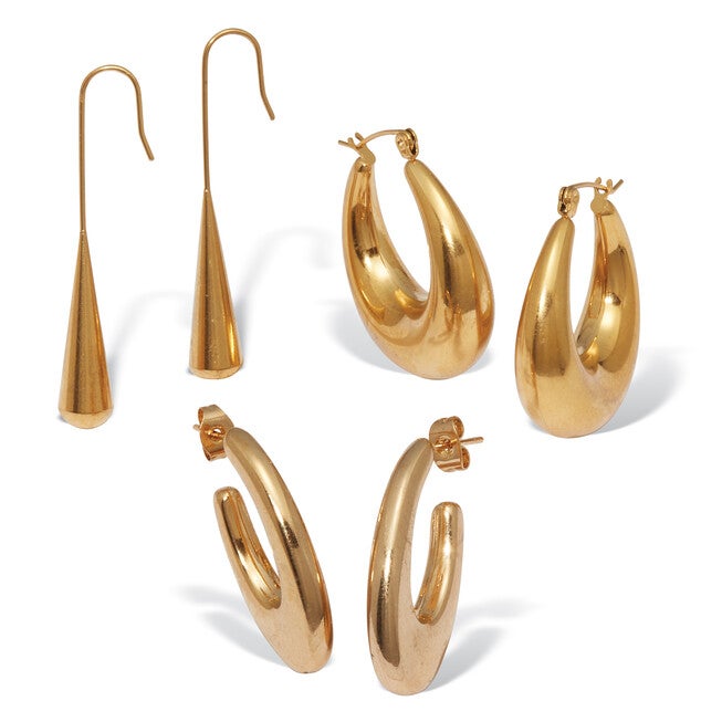 Yellow Gold Ion-Plated Stainless Steel Hoop Earrings, 3-Pair Set, GOLD, hi-res image number null