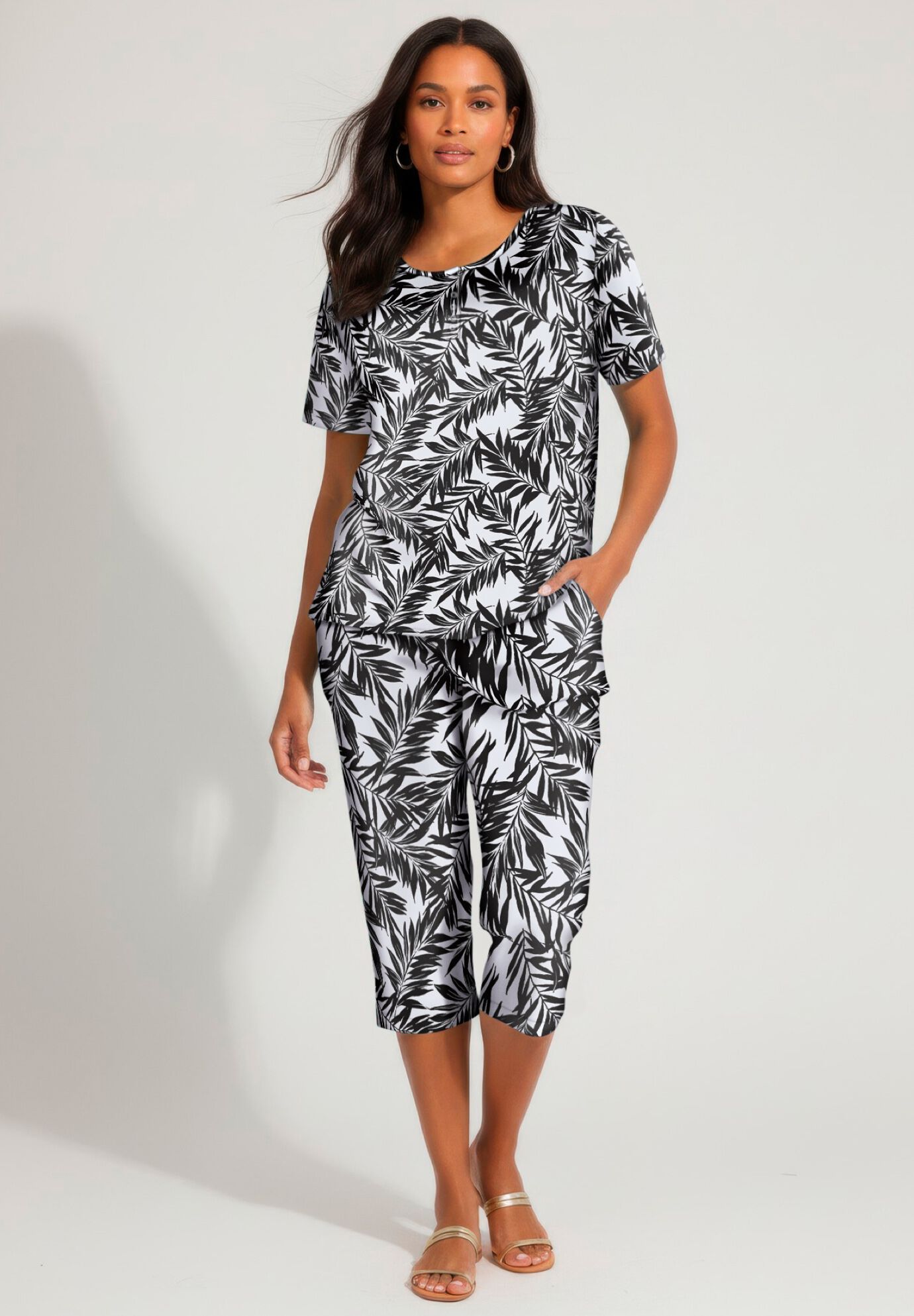 Plus Size 2-Piece Printed Henley Top and Capri Set, BLACK WATERFALL PALM, on-hover image number 1