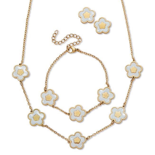 Genuine Mother of Pearl Gold Ion-Plated Stainless Steel Flower Jewelry Set, WHITE, hi-res image number null