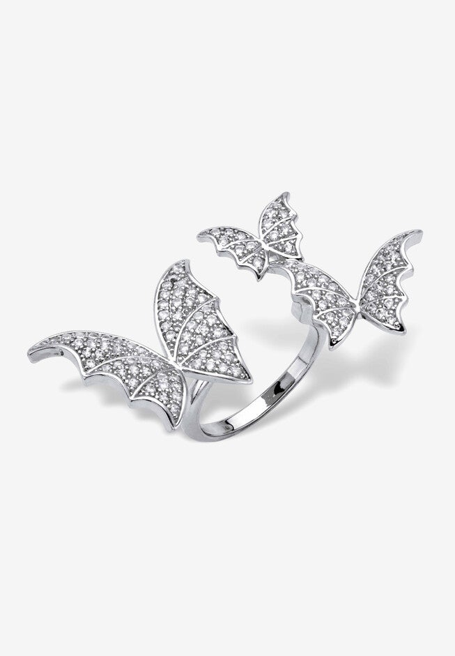 Silvertone Round Crystal Adjustable Butterfly Ring, , alternate image number 3