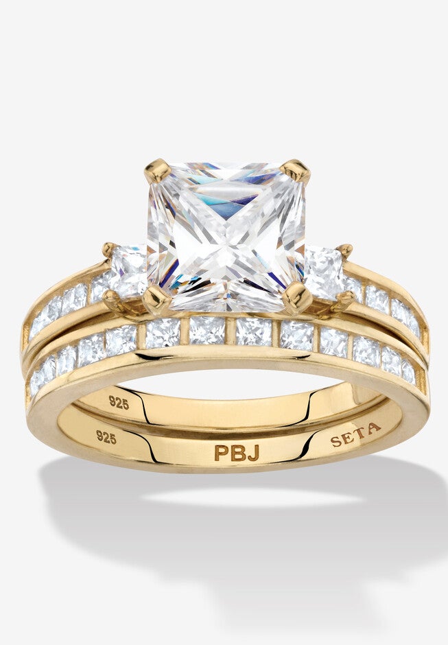 3.62 Cttw 2-Piece 14K Gold Plated .925 Silver Cubic Zirconia Wedding Ring Set, GOLD, hi-res image number null