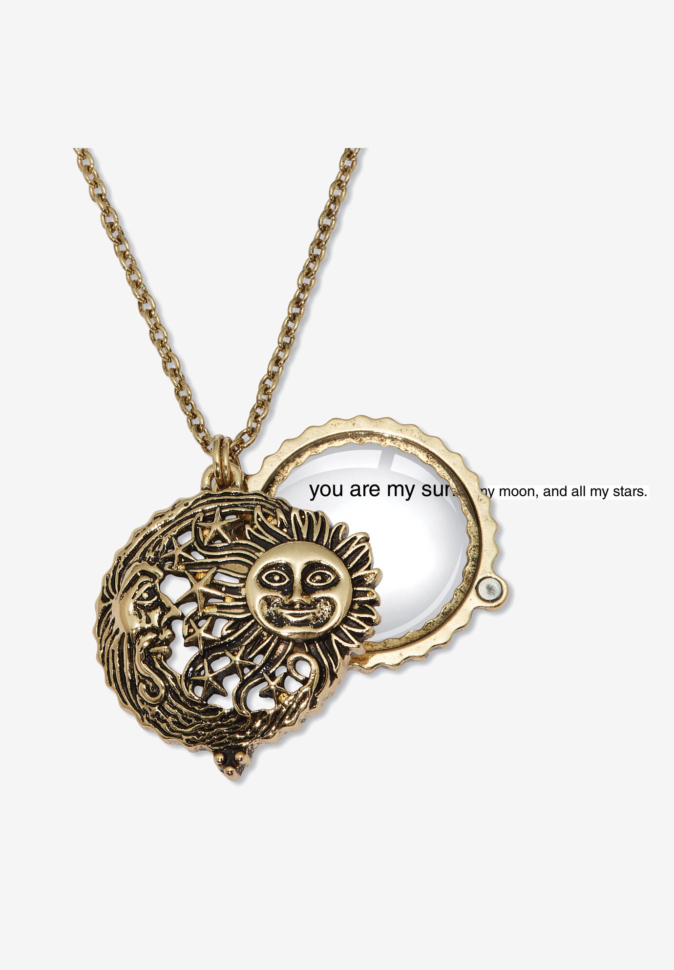 Antiqued Goldtone Sun Moon Stars Magnifying Glass Pendant Necklace 18-Inch, GOLD, hi-res image number 0