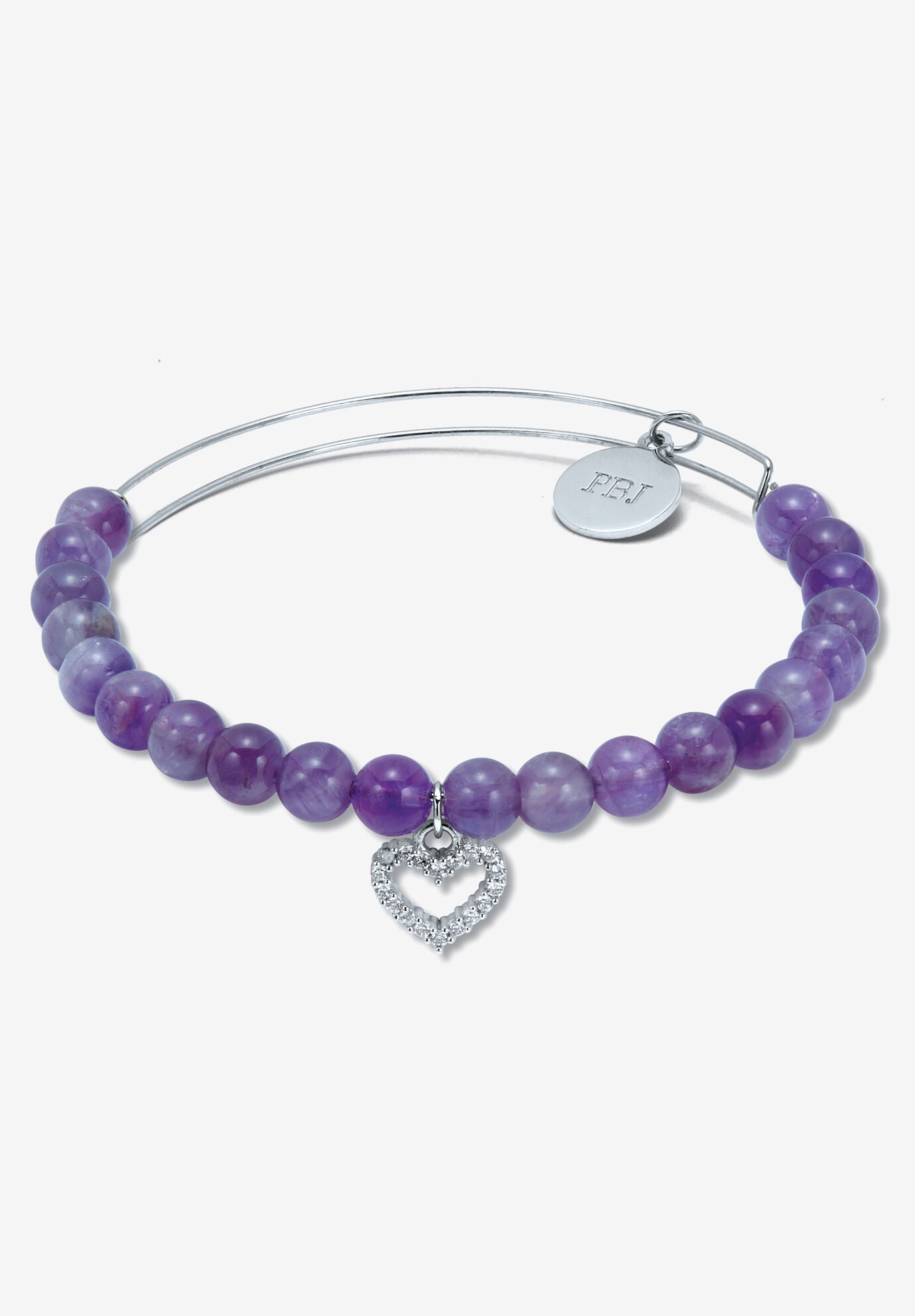 Genuine Purple Amethyst Silvertone Heart Charm Bangle, 7.5 Inches, PURPLE, hi-res image number 0