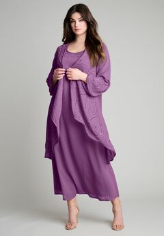 Plus-Size 2 piece Long Sleeve Beaded Georgette Gown Set with Detachable Jacket