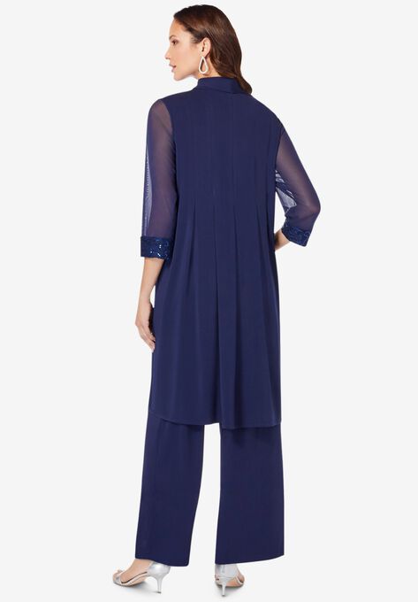 Three-Piece Lace & Sequin Duster Pant Set, , on-hover image number null