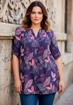 Plus Size Floral Y-Neck Pintuck Tunic – Adjustable Long Sleeve Button-Front, Relaxed Shirt Style