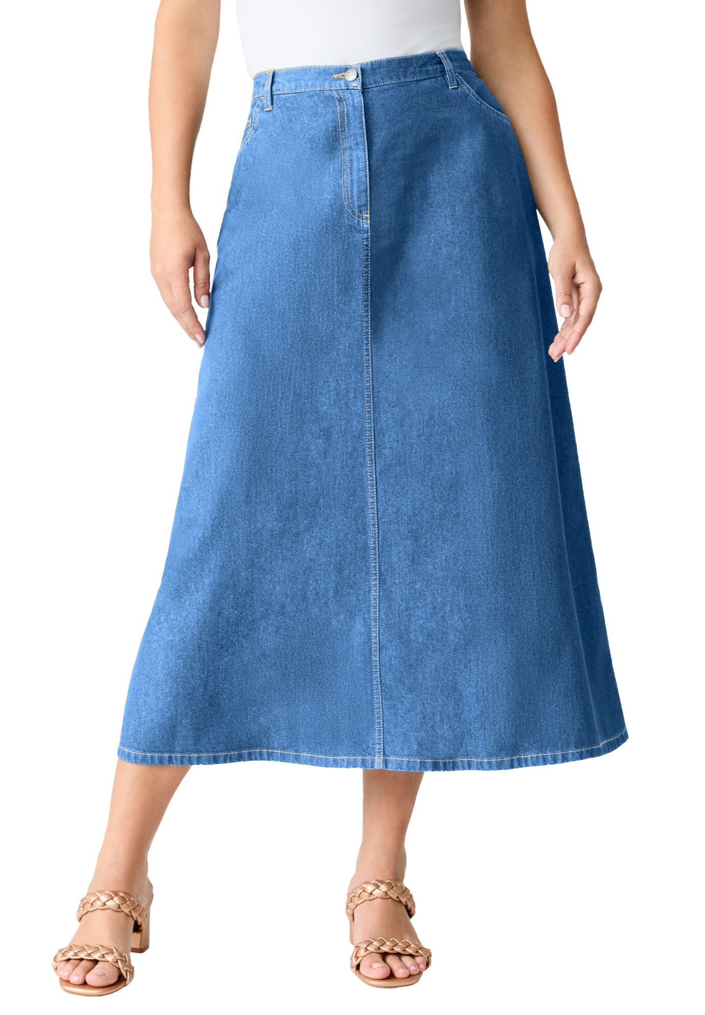 Plus Size Easy-Wear A-Line Skirt, LIGHT STONEWASH, hi-res image number 0