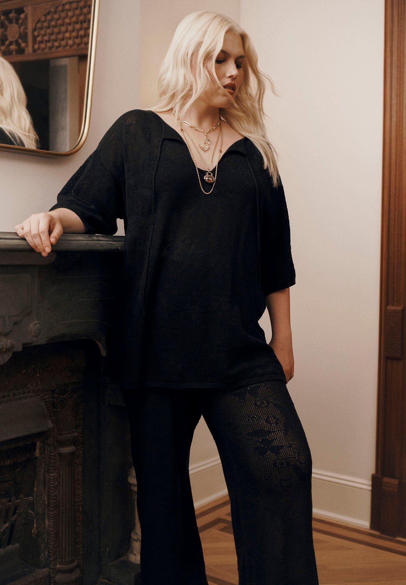 Tie-Neck Jacquard Knit Tunic