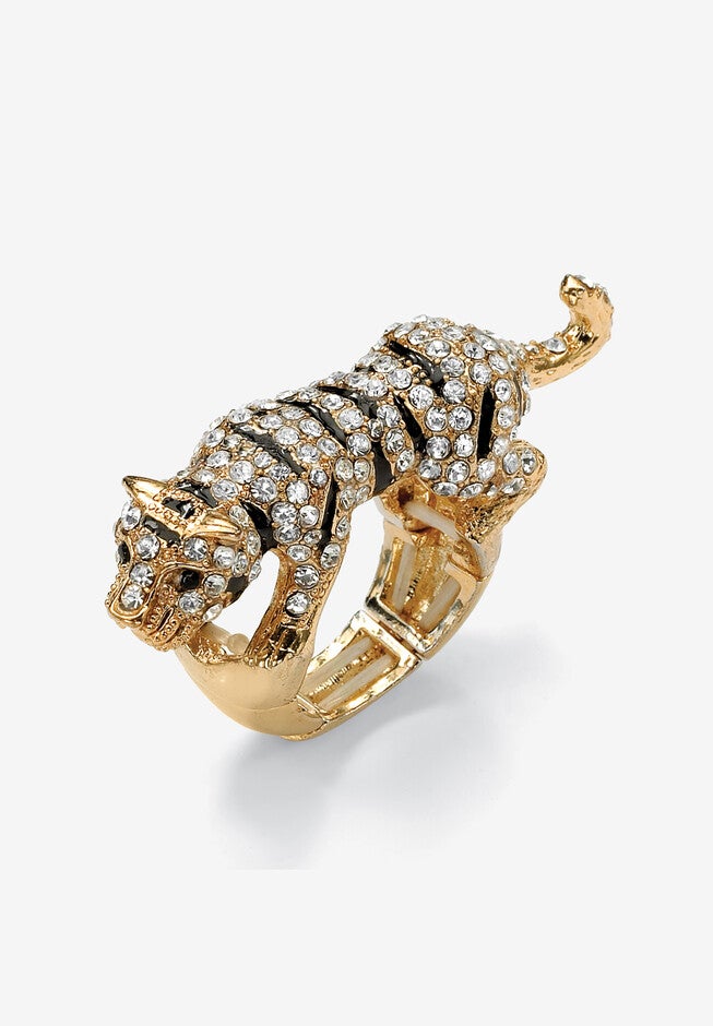 Gold Tone Black Crystal Stretch Tiger Ring Jewelry, CRYSTAL, hi-res image number null
