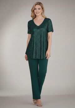 Plus-Size 2 Piece S/S Sequin Top and Pant Set