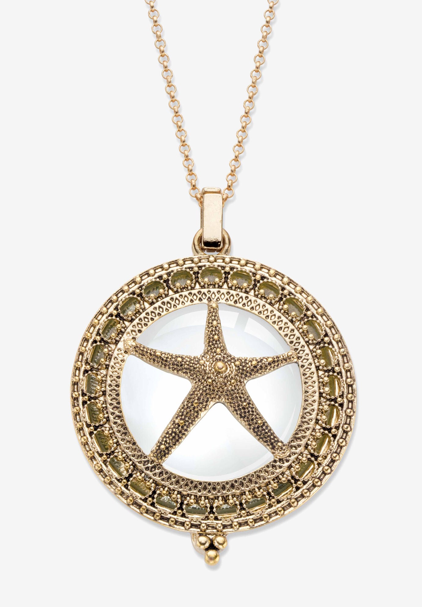 Goldtone Antiqued Starfish Magnifier Pendant with 32 inches Chain, GOLD, hi-res image number 0