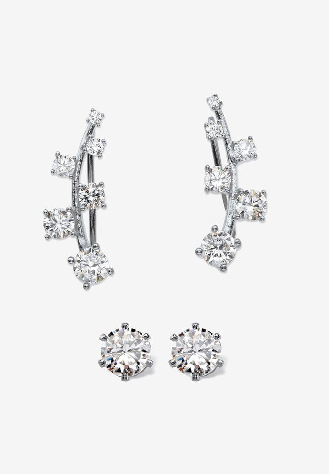 2.22 Cttw. Cubic Zirconia .925 Silver Ear Climber And Stud 2-Pair Earring Set, SILVER, hi-res image number null