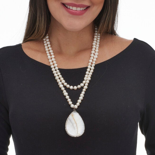 Round Genuine Cultured Freshwater Pearl Silvertone Pendant Necklace 48-inch, WHITE, alternate image number null