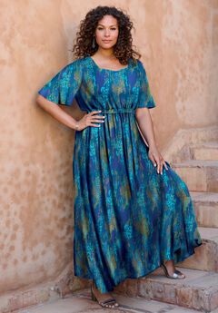 Hand-Crinkled Flutter-Sleeve Maxi Dress