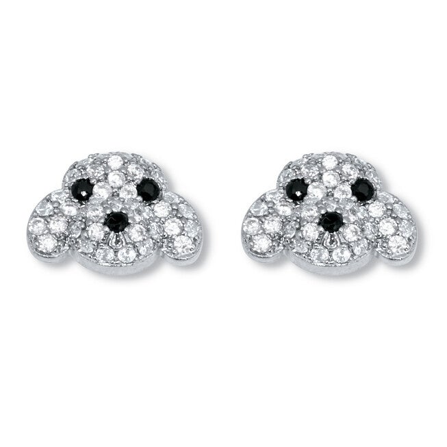 Round Black and White Crystal Silvertone Dog Earrings, WHITE, hi-res image number null