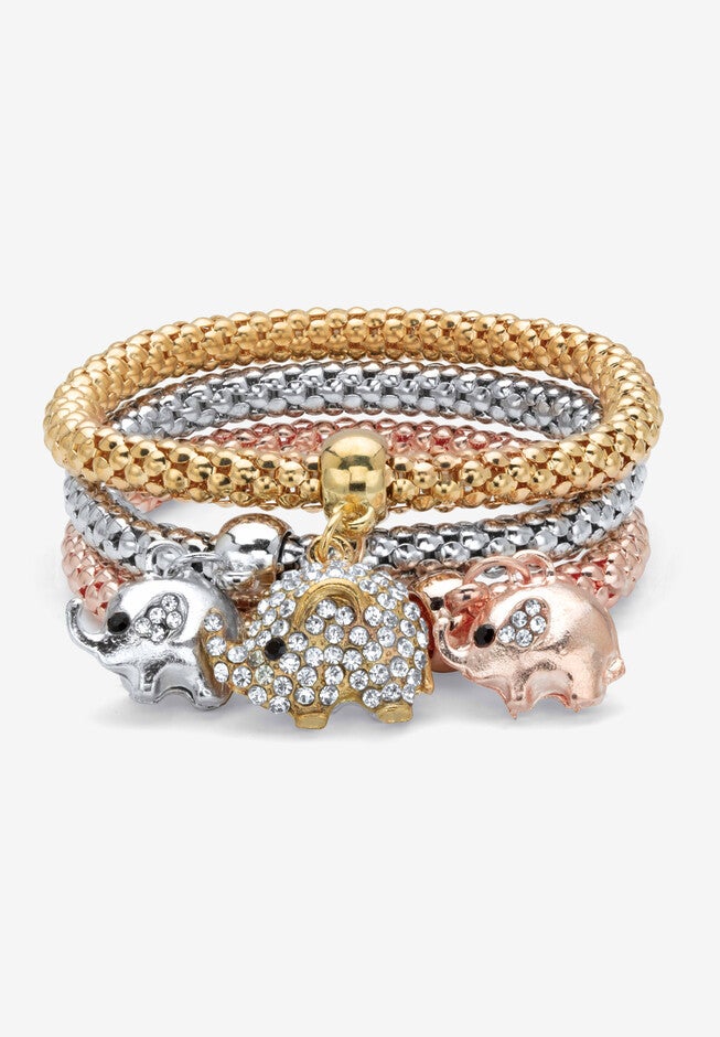 Gold Tone Crystal Elephant 8.5 inches Charm Stretch Bracelet Set, CRYSTAL GOLD, hi-res image number null