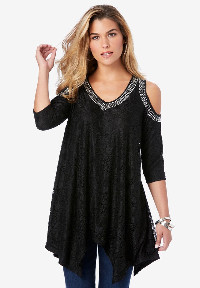 Embellished Cold-Shoulder Tunic, BLACK, hi-res image number null