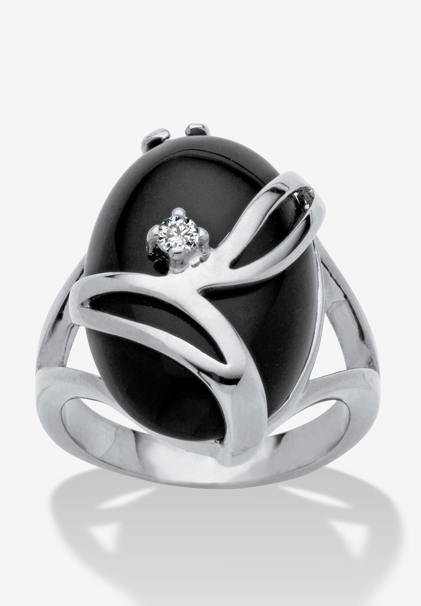 Oval-Shaped Onyx & Crystal Accent Cocktail Ring In Platinum-Plated, BLACK, hi-res image number 0