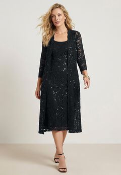 Plus Size 3/4 Sleeve Formal Duster Sequin – Embellished Lace Dress Set