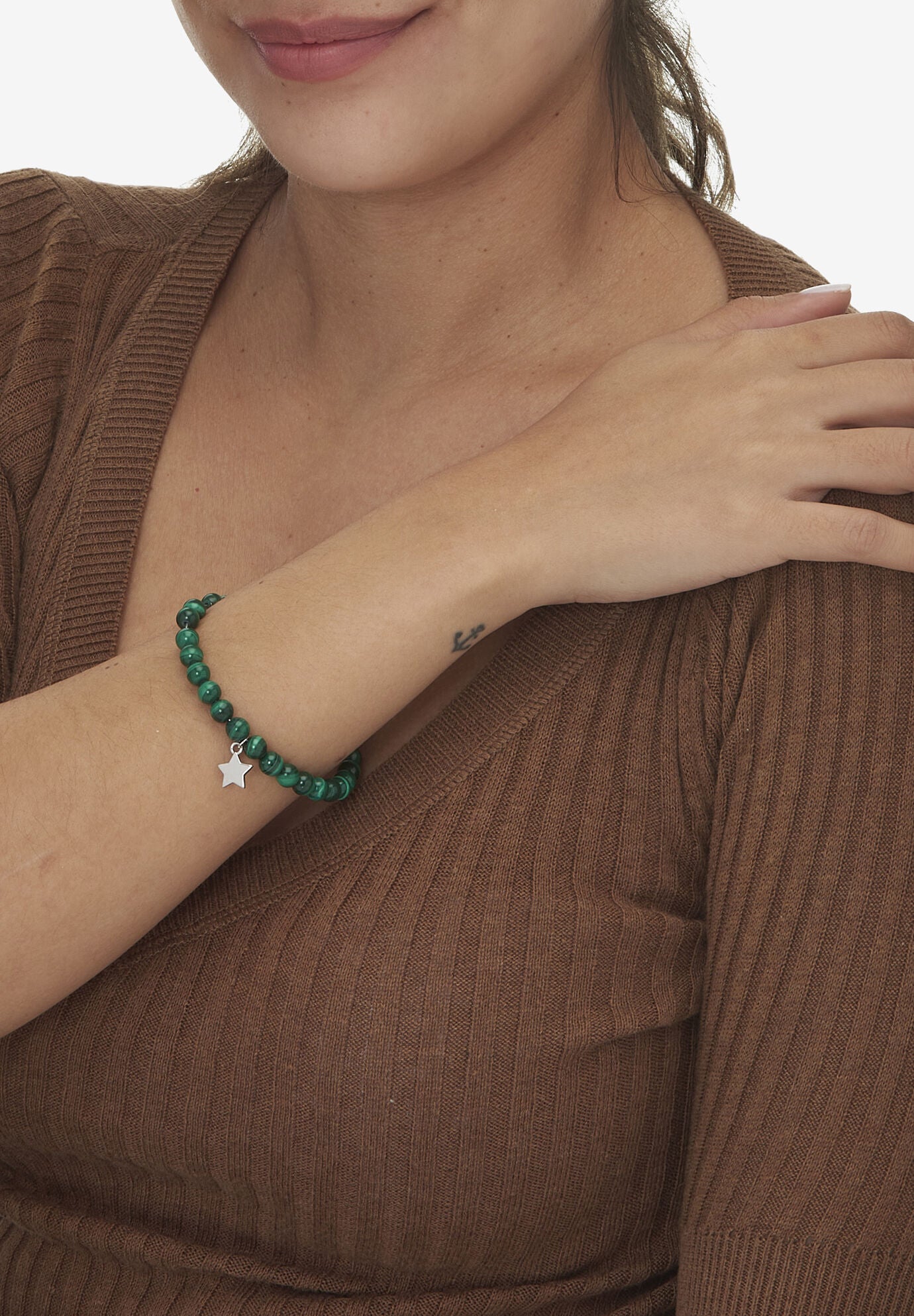 Genuine Green Malachite Silvertone Star Charm Bangle, 7.5 Inches, , alternate image number 2