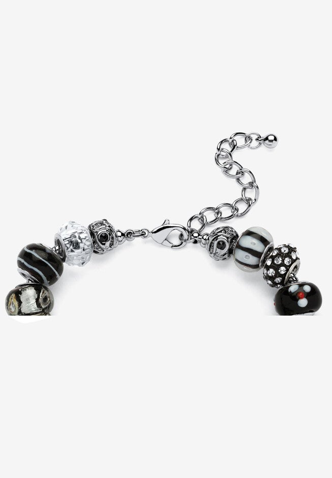 Silver Tone Antiqued Bali Style Bead Charm Bracelet, Crystal 8 inches Jewelry, , on-hover image number 1