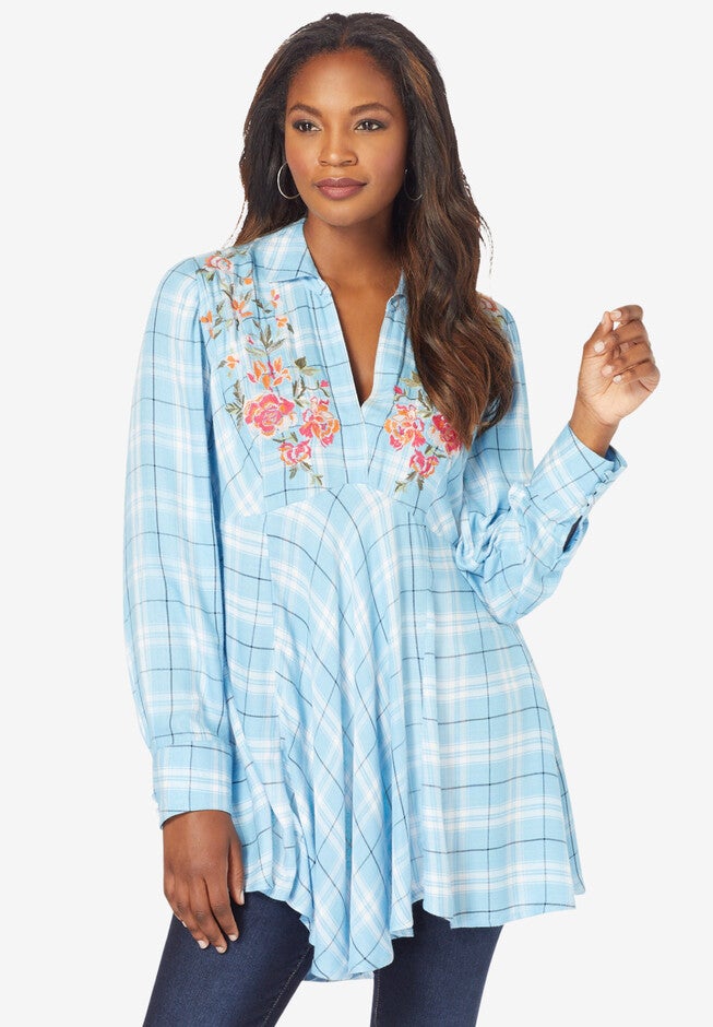 Plaid Fit-And-Flare Tunic, SOFT SKY EMBROIDERED TARTAN, hi-res image number 0
