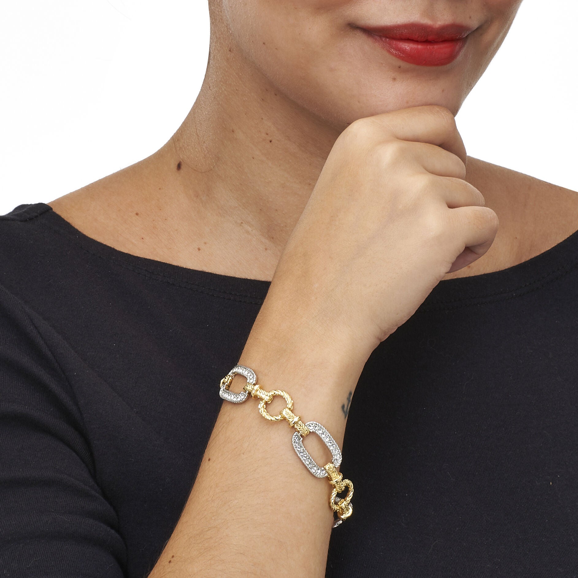 Crystal Yellow Goldtone Hammered Paperclip Link Bracelet 7.5-inch, WHITE, alternate image number 2