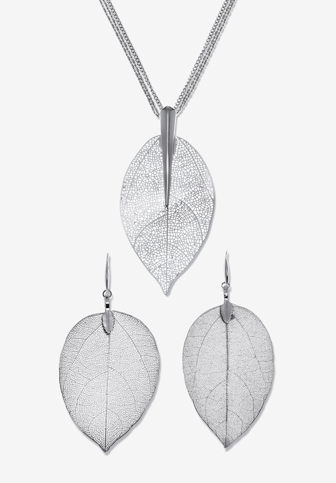 Silvertone Leaf Necklace And Drop Earrings Set, 26 Inches, Plus 2 Inch Extension, SILVER, hi-res image number null