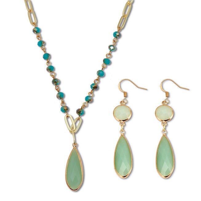 Opaque Green Crystal and Genuine Aventurine Goldtone Jewelry Set, GREEN, hi-res image number null