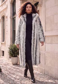 Plus Size Hooded Faux Fur Coat