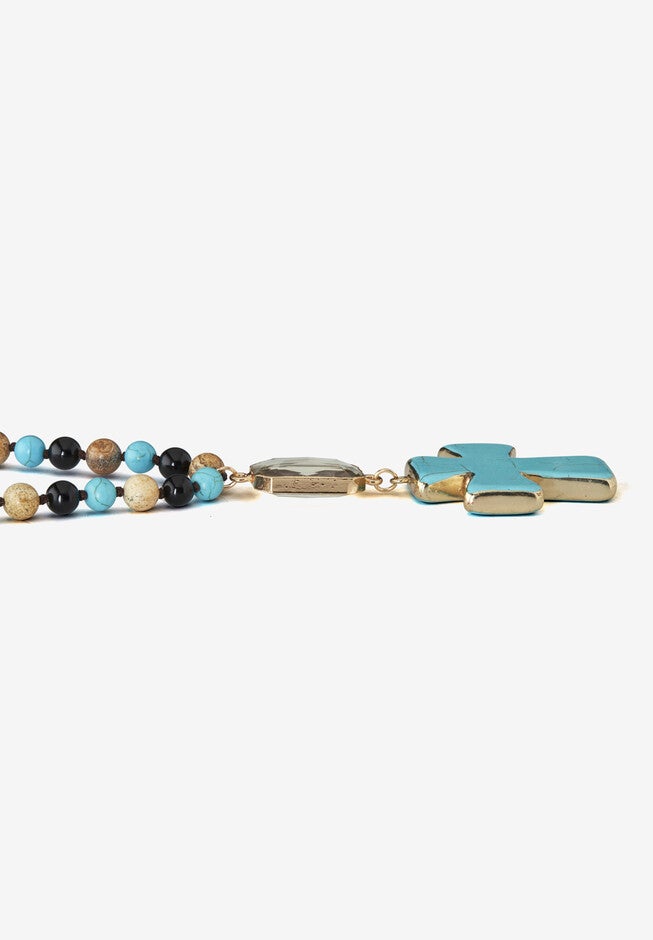 Genuine Turquoise Jasper And Multicolor Agate Beaded Cross Necklace 40 Inch, , on-hover image number null