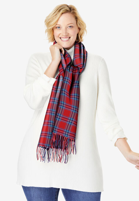 Plaid Fringed Scarf, RED FUN PLAID, hi-res image number null