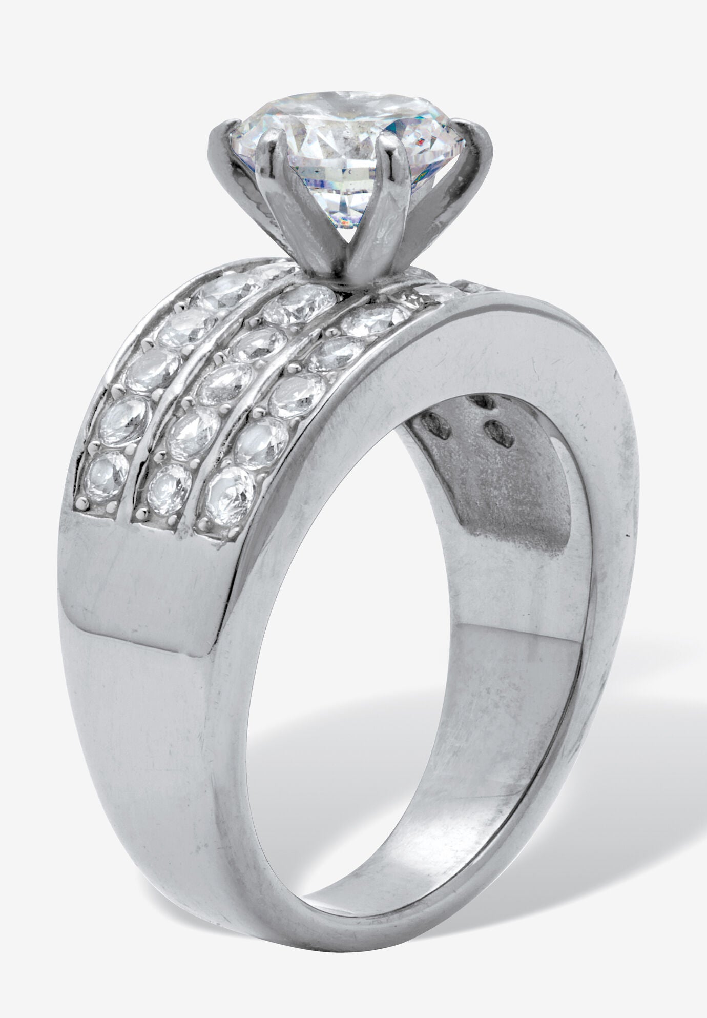 3.18 Tcw Round Cz Stainless Steel Three Row Pave Engagement Ring, , on-hover image number 1