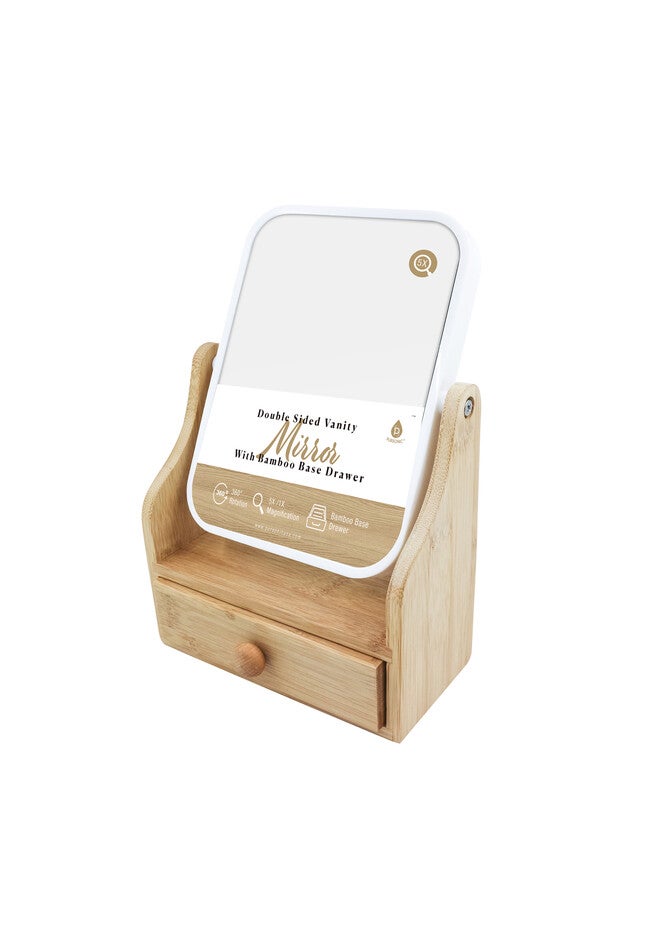 Dual Sided Mirror With Organizer Tray, Bamboo Base Drawer • 360° Rotation • 5X/ 1X Magnification, O, hi-res image number null