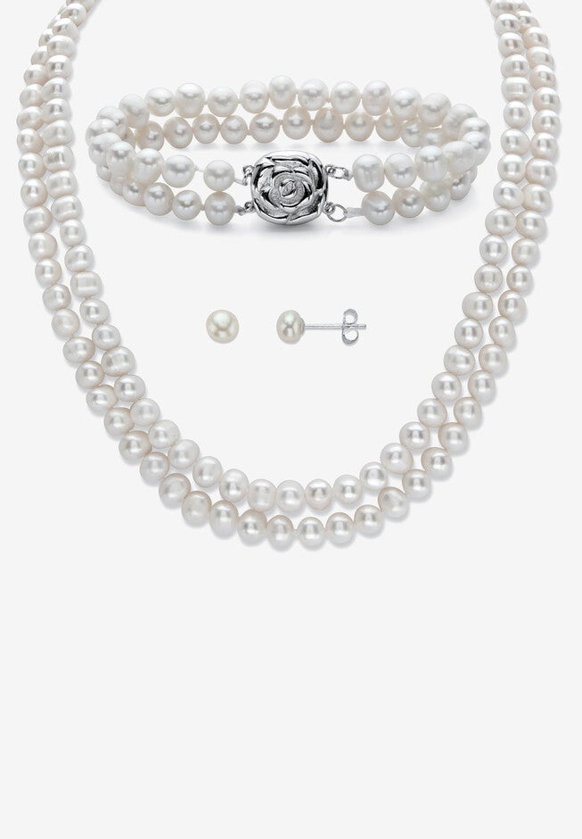 Pearl 3-Piece Earring, Double Strand Necklace And Bracelet Set In Sterling Silver 18 inches, PEARL, hi-res image number null