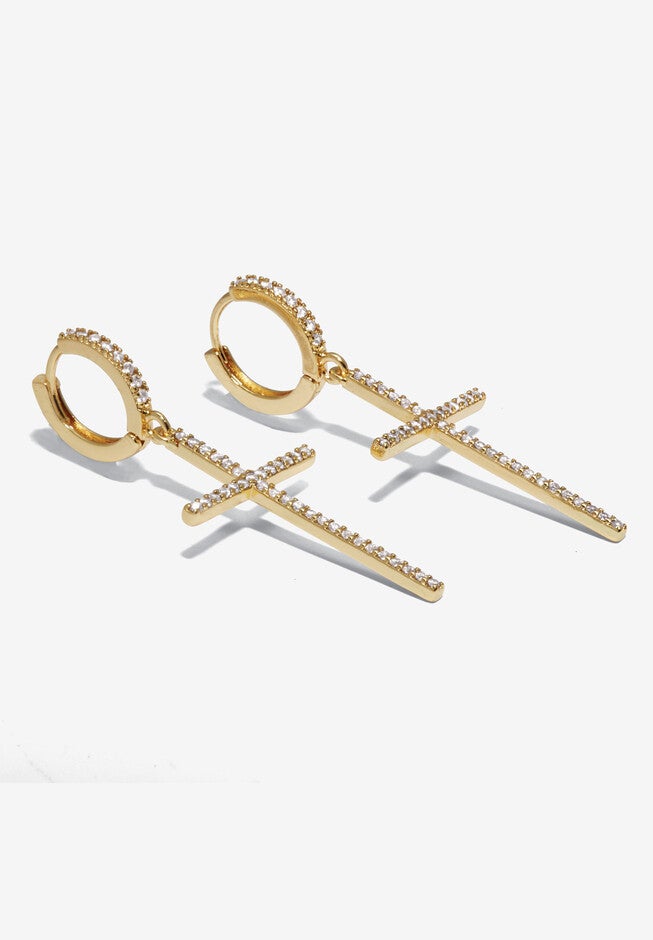 Crystal Cross Goldtone Drop Earrings, 42X18Mm, , on-hover image number null