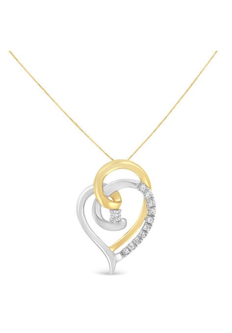 Yellow And White Gold Diamond Accent Open Double Heart Spiral Curl Pendant Necklace, , on-hover image number null