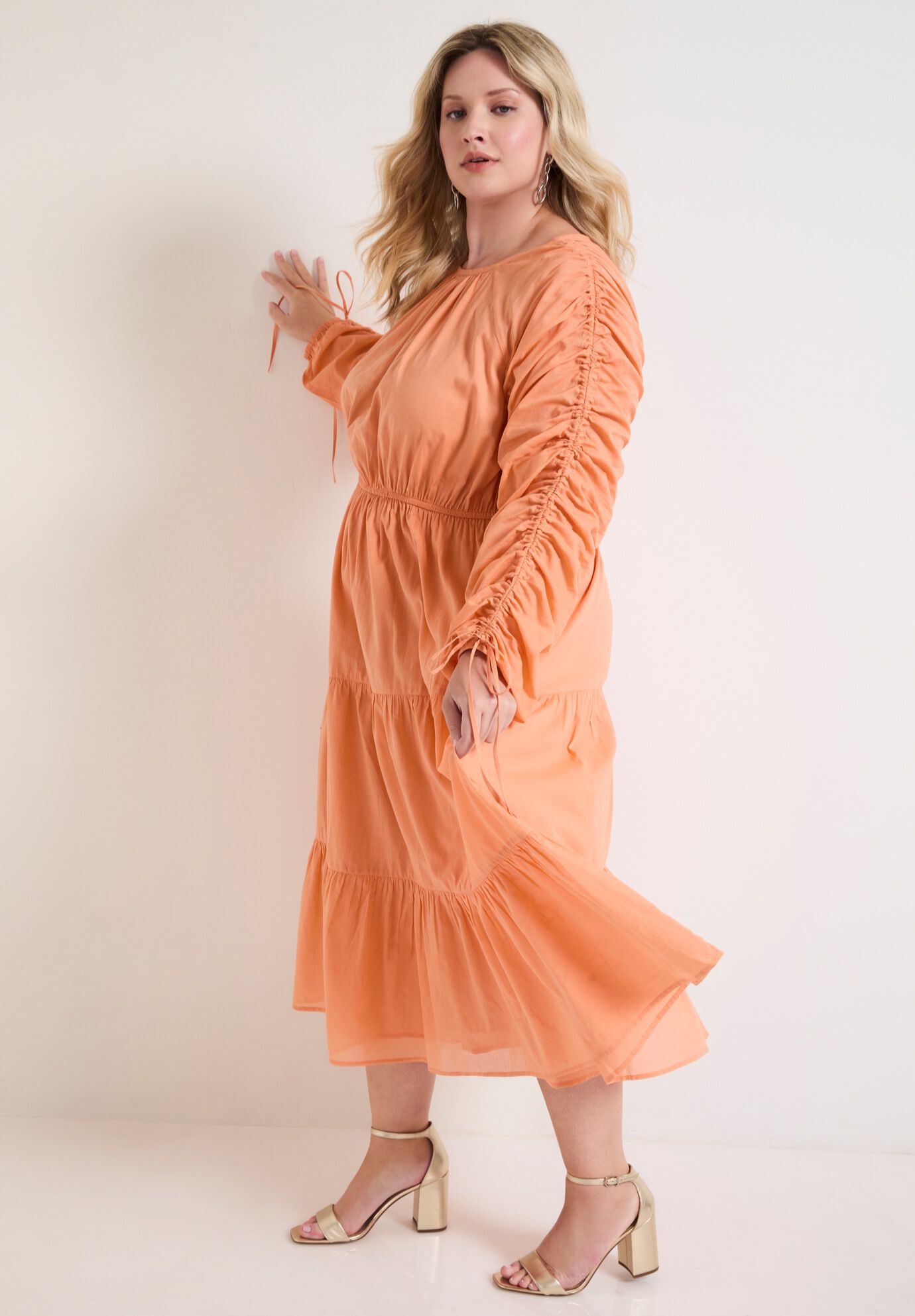 Cotton Voile Ruched Midi Dress, SHELL CORAL, alternate image number 2