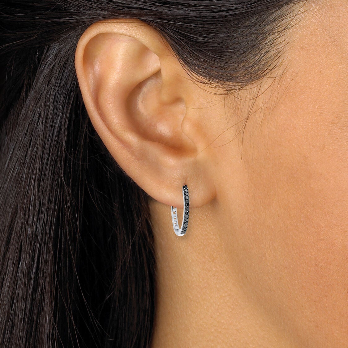 .24 TCW Black Diamond Sterling Silver Hoop Earrings (3/5 inch), BLACK, alternate image number 2