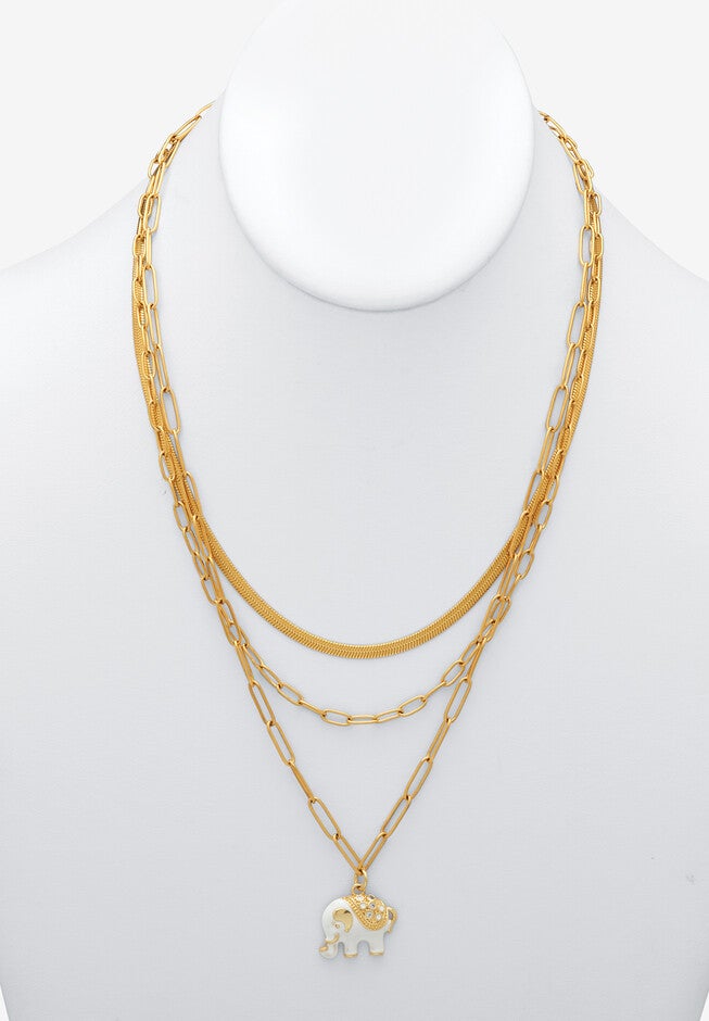 Yellow Gold Ion-Plated Stainless Steel 3-Strand Layered Necklace Set With Elephant Pendant, , alternate image number null