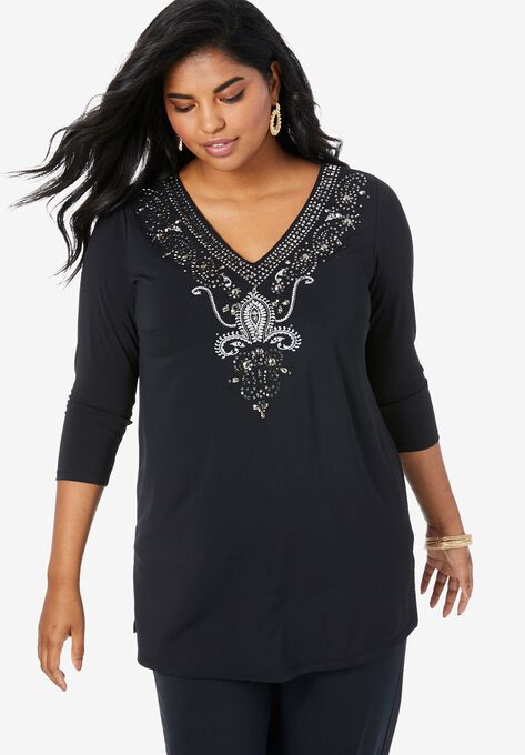Ultrasmooth® Fabric Embellished Tunic, BLACK EMBELLISHED PAISLEY, hi-res image number null