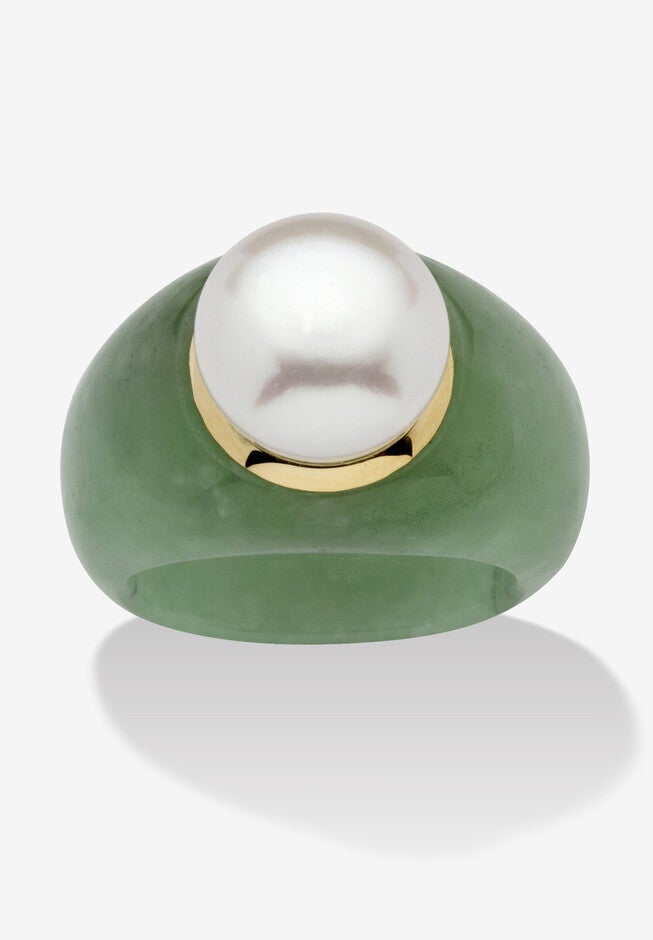 10K Gold Genuine Cultured Freshwater Pearl And Green Jade Ring Jewelry, PEARL JADE, hi-res image number 0