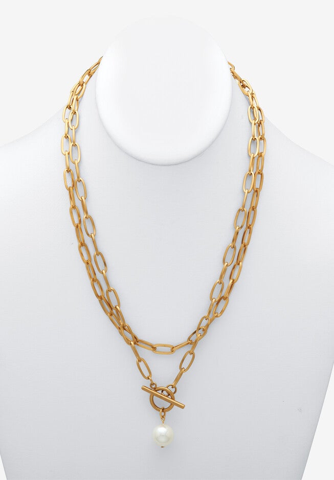 Simulated Pearl Gold Ion-Plated Stainless Steel Paperclip Necklace Set 18 Inch, , alternate image number 3