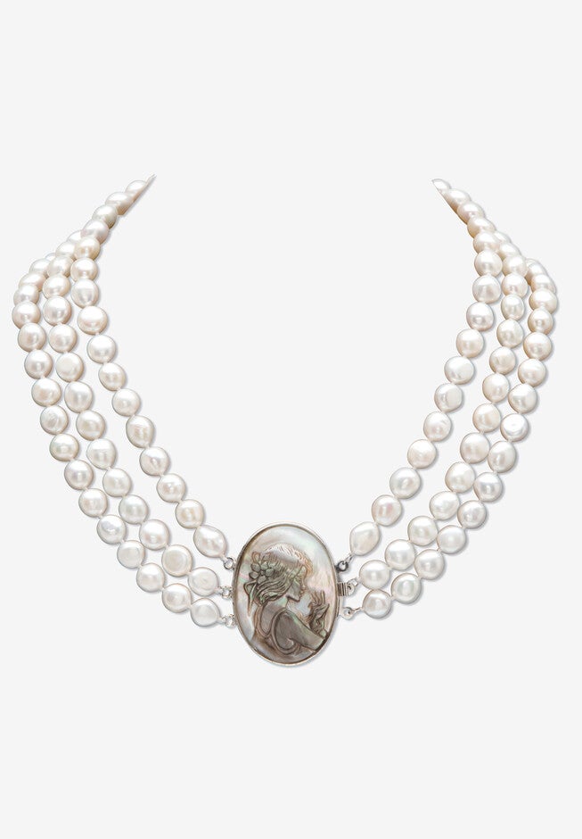 Genuine Freshwater Pearl Black Mother-Of-Pearl Cameo Necklace Silvertone 18 inches, BLACK SILVER, hi-res image number null