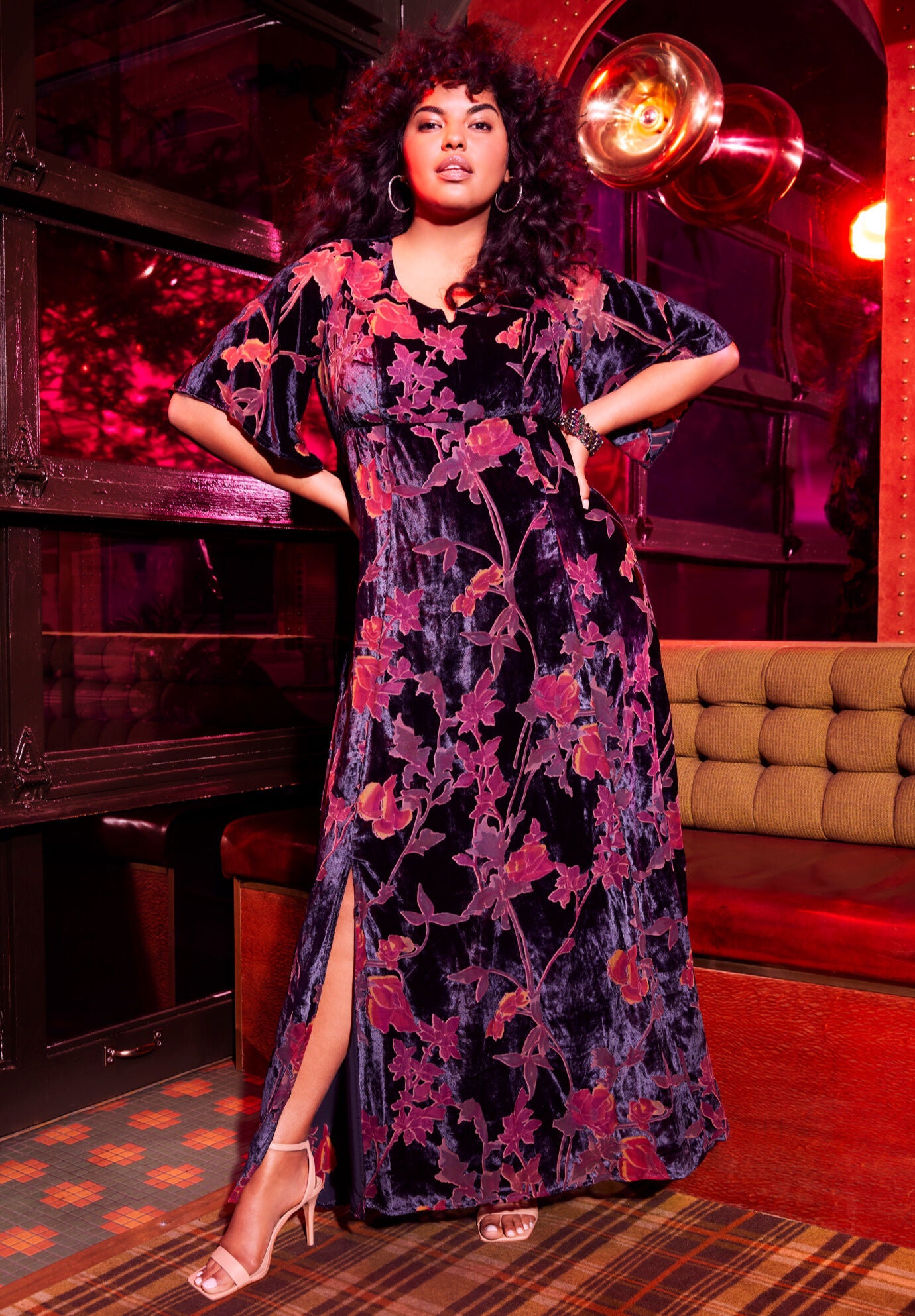Burnout Velvet Maxi Dress with High Slit Navy Floral Catherines