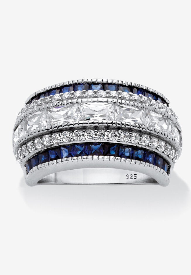 6.48 Cttw. Cubic Zirconia And Simulated Blue Sapphire Platinum-Plated Sterling Silver Ring, BLUE, hi-res image number null