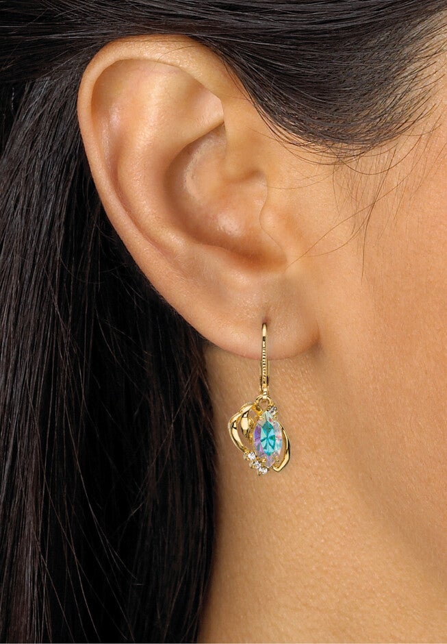 Yellow Gold-Plated Drop Earrings, Aurora Borealis And White Crystal Jewelry, , alternate image number null
